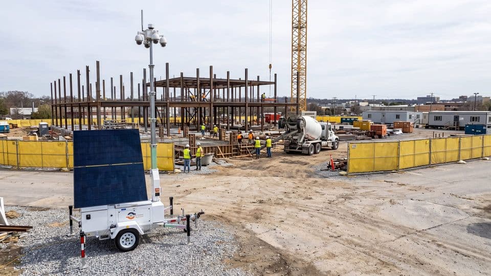 A VDS solar surveillance unit standing on a job site